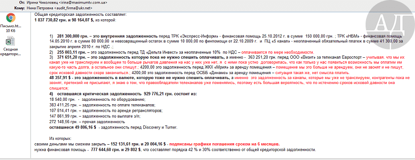 Chekolovets’ provided the table of payables pertaining to LLC Ekran in the letter. As it followed from the given information in the table, people of Poroshenko weren’t going to pay the debt in the amount of 48.3k USD as it concerned programs they hadn’t already broadcast by that time.